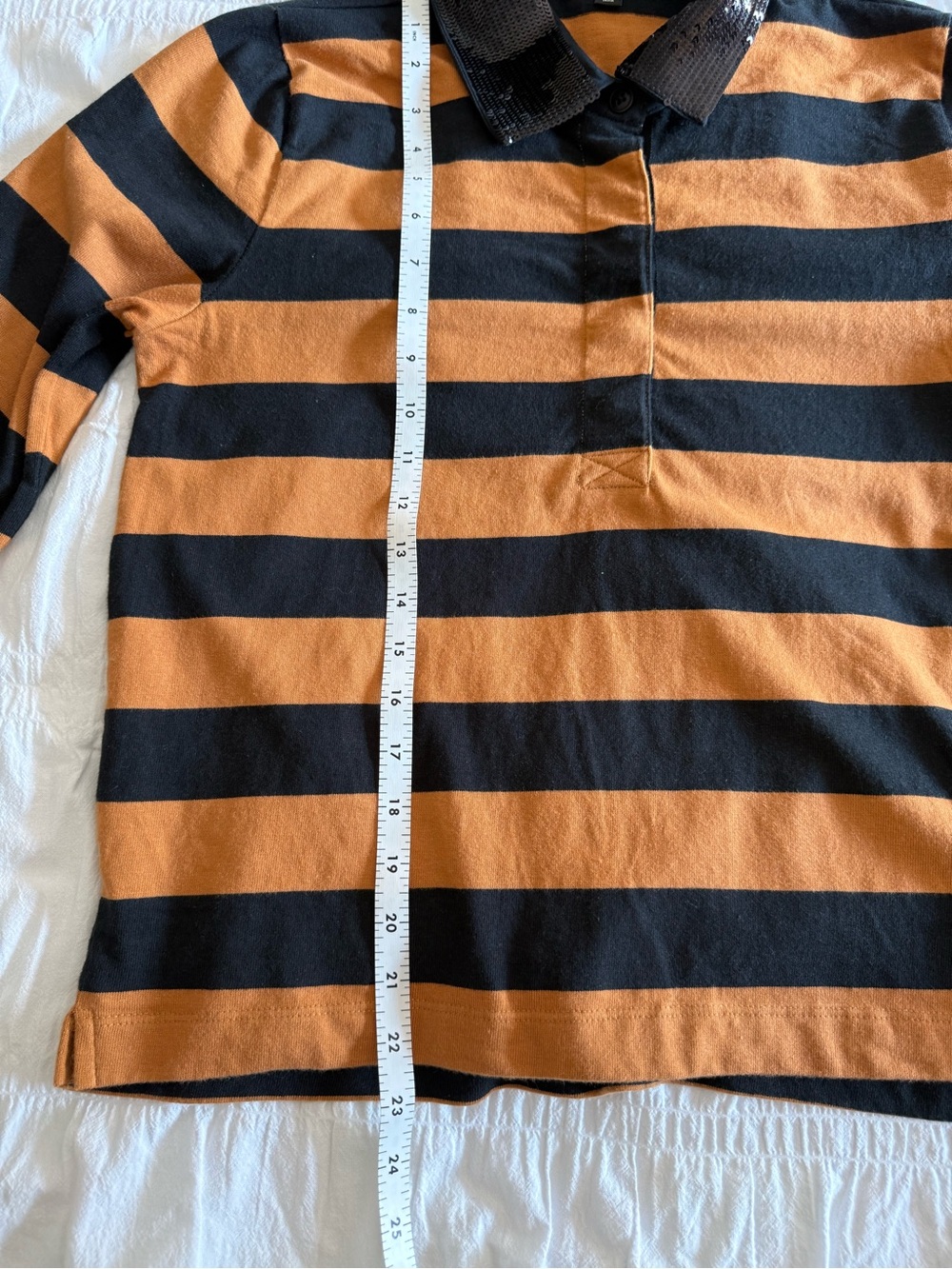 J. Crew Women’s Black and Orange Striped Rugby Polo with Sequin Collar Size M - Picture 8 of 10